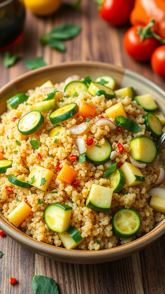 A colorful bowl of quinoa and zucchini stir-fry garnished with herbs, served on a rustic table.